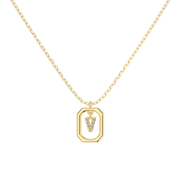 银S925白色圆锆镶嵌满钻字母光面12MM方框吊坠时尚项链