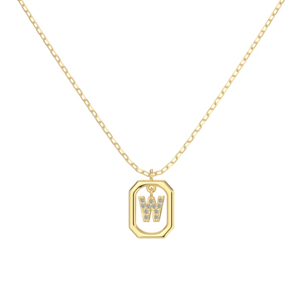 银S925白色圆锆镶嵌满钻字母光面12MM方框吊坠时尚项链