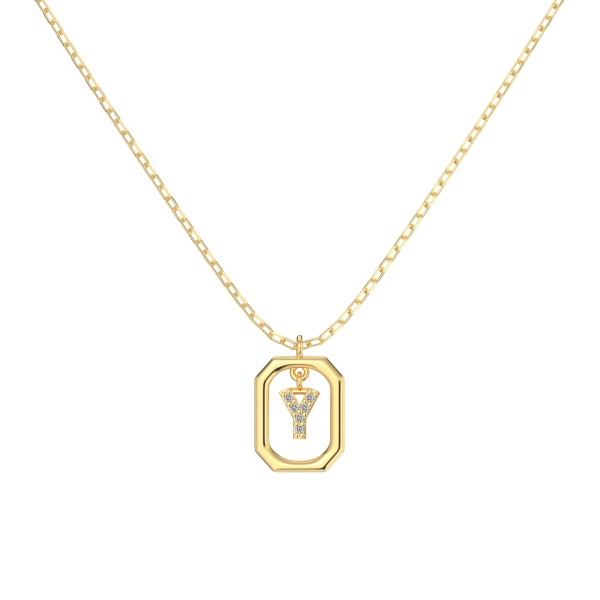 银S925白色圆锆镶嵌满钻字母光面12MM方框吊坠时尚项链