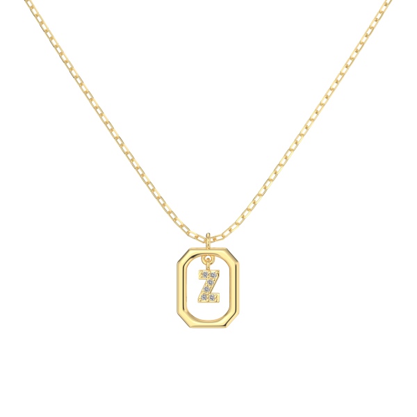 银S925白色圆锆镶嵌满钻字母光面12MM方框吊坠时尚项链