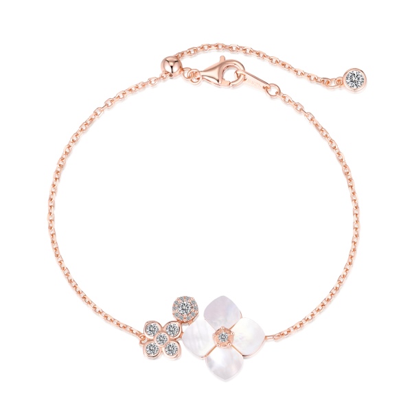 银S925白色方形贝壳拼接花朵造型白色圆锆镶嵌轻奢精致时尚手链