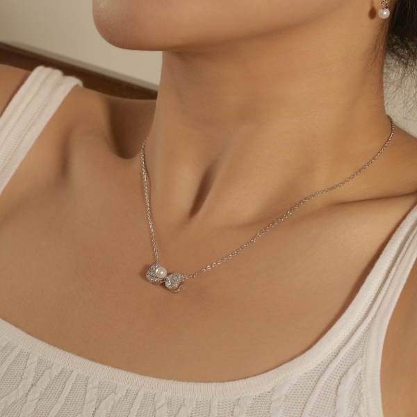 S925纯银珍珠贝珠心形蝴蝶结小众设计精致少女戒指项链耳钉时尚百搭优雅气质项链DY180040