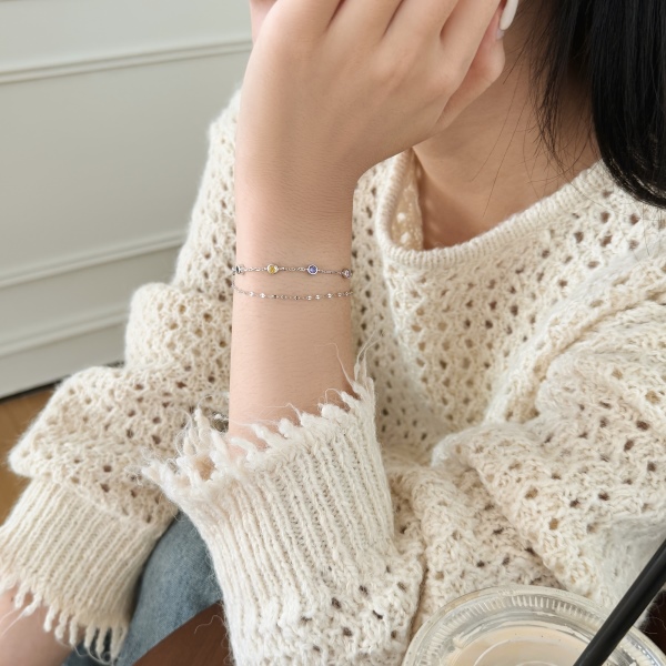 S925纯银彩色圆形锆石个性轻奢百搭双层手链