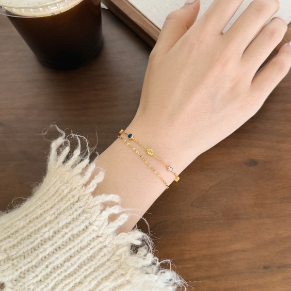 S925纯银彩色圆形锆石个性轻奢百搭双层手链