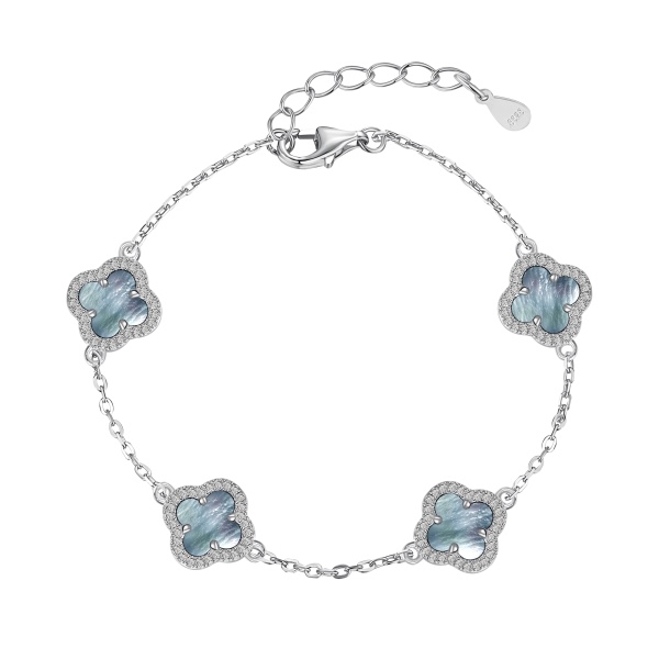 「花漾 Foliflora 系列」银S925白贝母白色圆锆镶钻四叶草设计时尚精致百搭手链