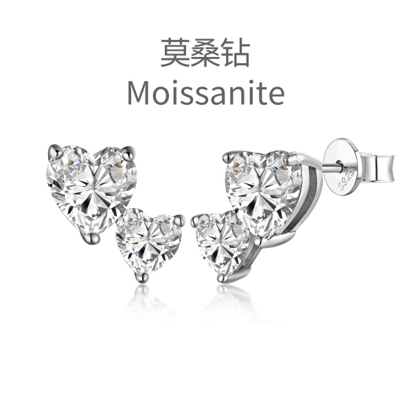 「莫桑钻 Moissanite 系列」心形跨境爆款S925纯银莫桑钻爪镶闪闪大小两个心形指环经典公主精美气质轻奢耳钉