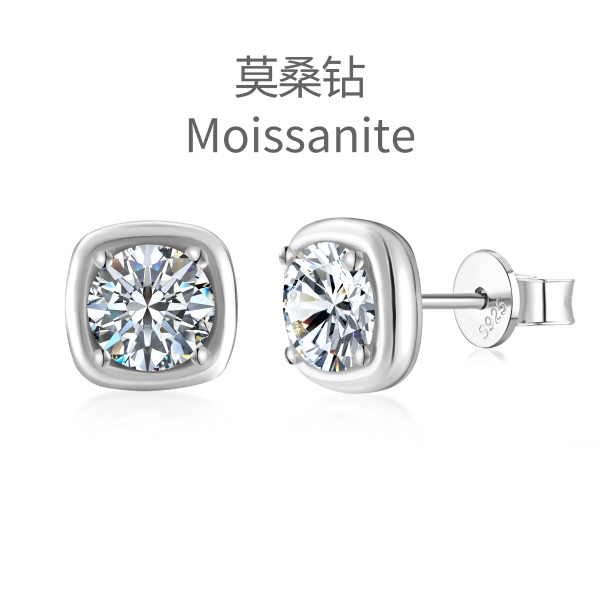 「莫桑钻 Moissanite 系列」S925纯银简约高碳钻方糖耳钉