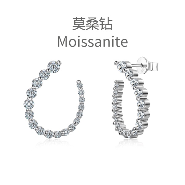 「莫桑钻 Moissanite 系列」「星落 Starfall 系列」银S925白色莫桑钻镶嵌满钻排列U型小众设计时尚百搭耳环