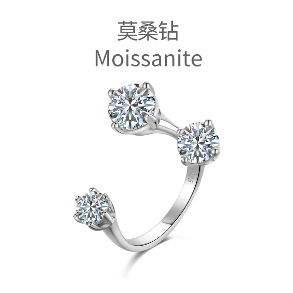「莫桑钻 Moissanite 系列」S925纯银镶钻圆形莫桑钻大小眼表情闪耀精致开口戒指
