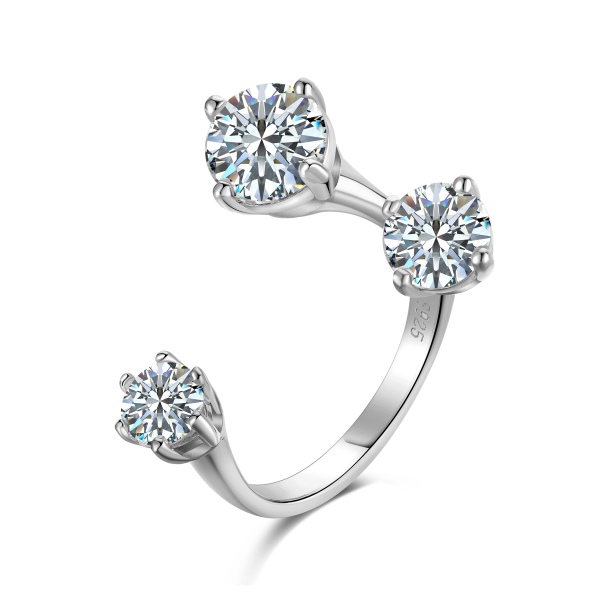 「莫桑钻 Moissanite 系列」S925纯银镶钻圆形莫桑钻大小眼表情闪耀精致开口戒指