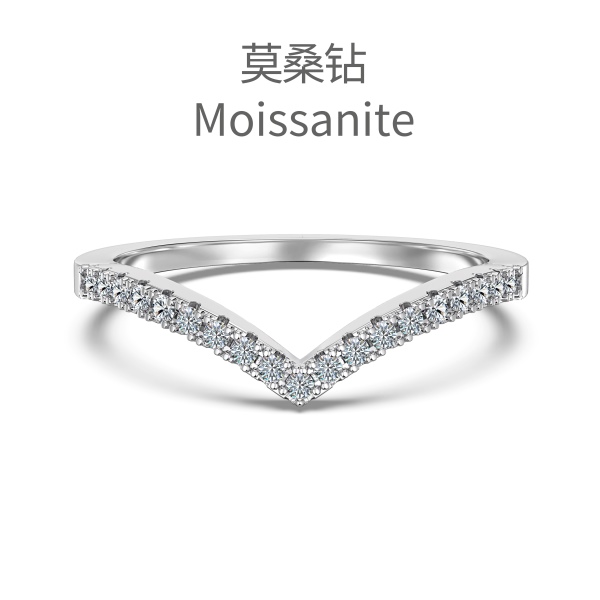 「莫桑钻 Moissanite 系列」跨境爆款S925纯银字母V白色排钻戒指时尚个性简约叠戴百搭食指细款闪耀戒指