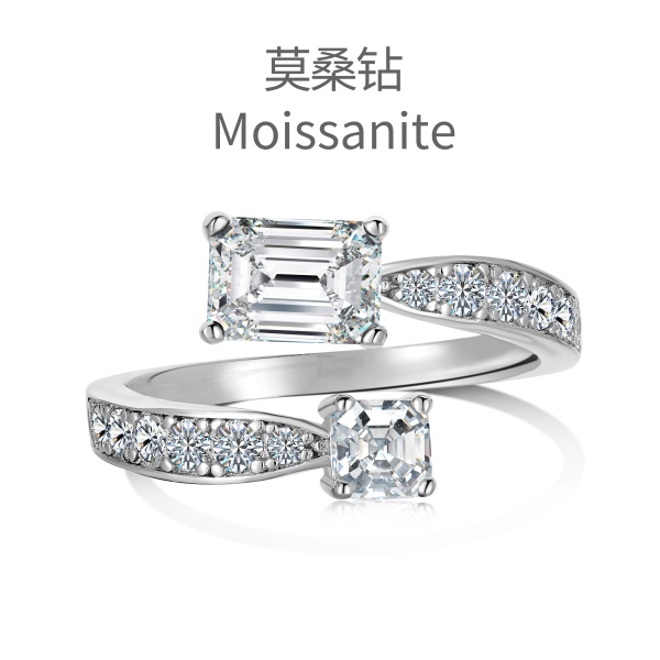 「莫桑钻 Moissanite 系列」S925纯银长方形白色肥方形开口戒指莫桑微镶设计戒指