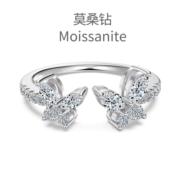 「莫桑钻 Moissanite 系列」「春·悦 Summer Joy 系列」S925纯银莫桑钻白色马眼形圆锆镶嵌蝴蝶设计开口时尚精致戒指