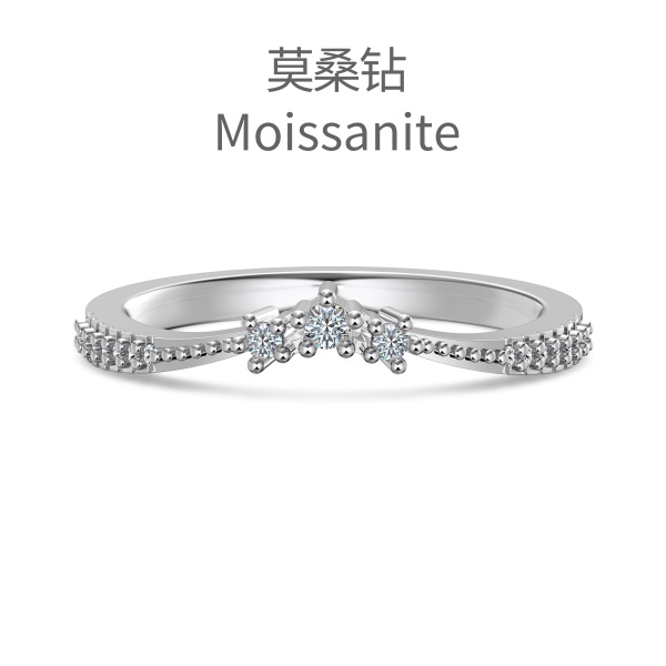 「莫桑钻 Moissanite 系列」S925纯银白色莫桑钻镶嵌圆珠设计V形情侣套戒女款戒指