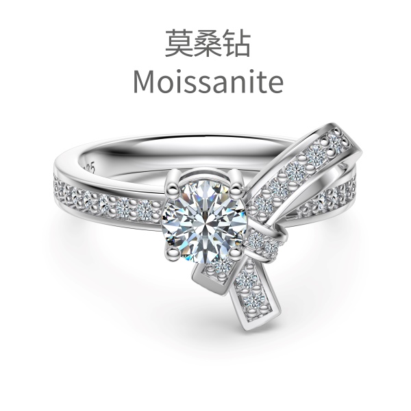 「莫桑钻 Moissanite 系列」S925纯银白色莫桑钻镶嵌蝴蝶结设计时尚精致套装戒指