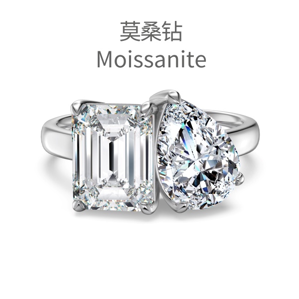 「莫桑钻 Moissanite 系列」S925纯银双主石长方形水滴戒指