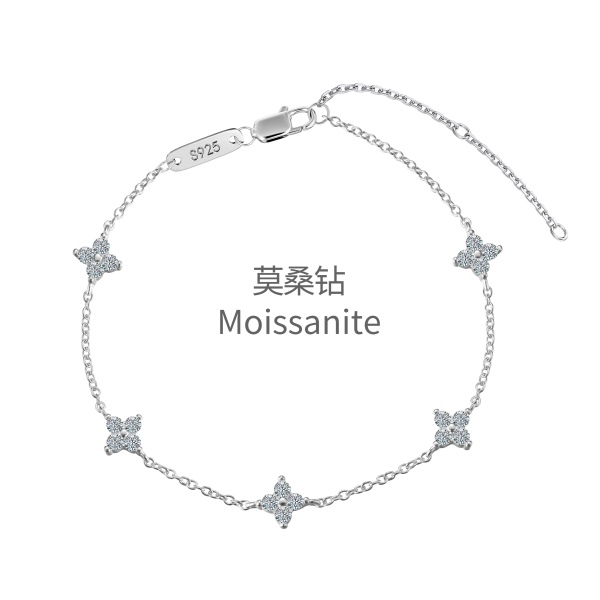 「莫桑钻 Moissanite 系列」「星愿 Wishing Star 系列」银S925白色圆锆镶嵌四叶草造型多吊坠设计简约时尚百搭手链