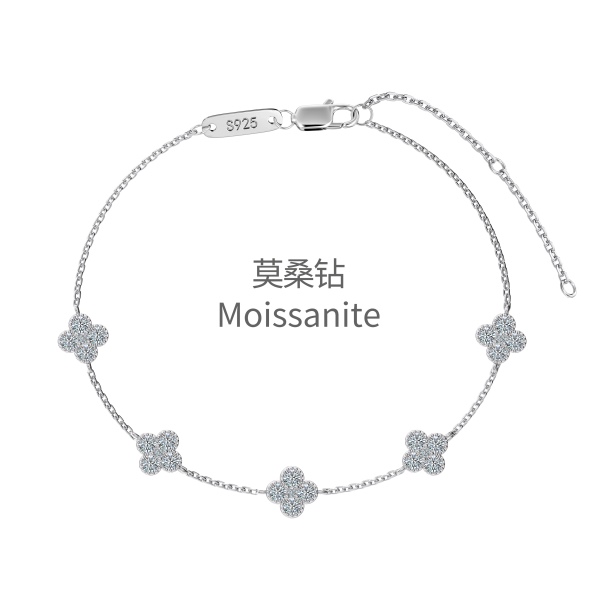 「莫桑钻 Moissanite 系列」S925纯银白色莫桑钻镶嵌四叶草设计多吊坠手链