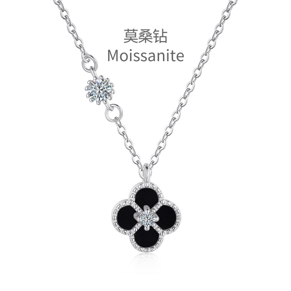 「莫桑钻 Moissanite 系列」S925纯银四叶草项链女小众轻奢锁骨链ins风黑色玛瑙锆石