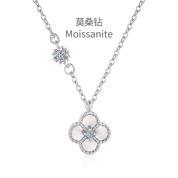 「莫桑钻 Moissanite 系列」S925纯银四叶草白贝母项链女小众轻奢锁骨链ins风白色玛瑙锆石