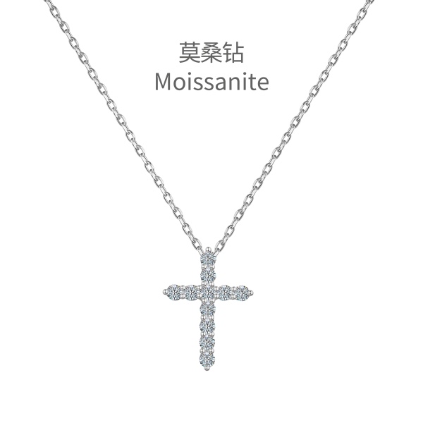 「莫桑钻 Moissanite 系列」银S925白色圆锆镶嵌小十字架设计精致百搭项链