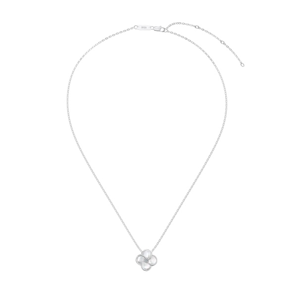 「莫桑钻 Moissanite 系列」银S925白色四叶草吊坠半圆月牙形贝母镶嵌时尚项链