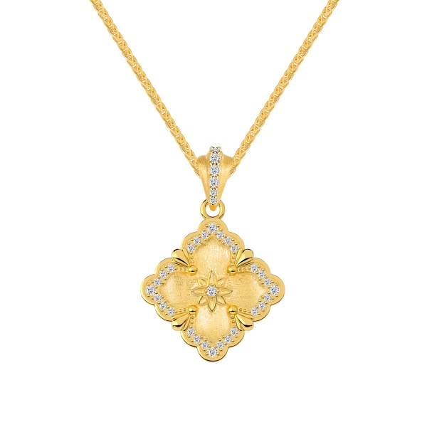 意大利中古拉丝工艺布家四叶草双面戴项链金色复古宫廷布契风