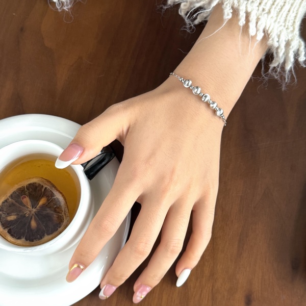 银S925光面圆珠圆形猫眼珠长十字链简约时尚手链