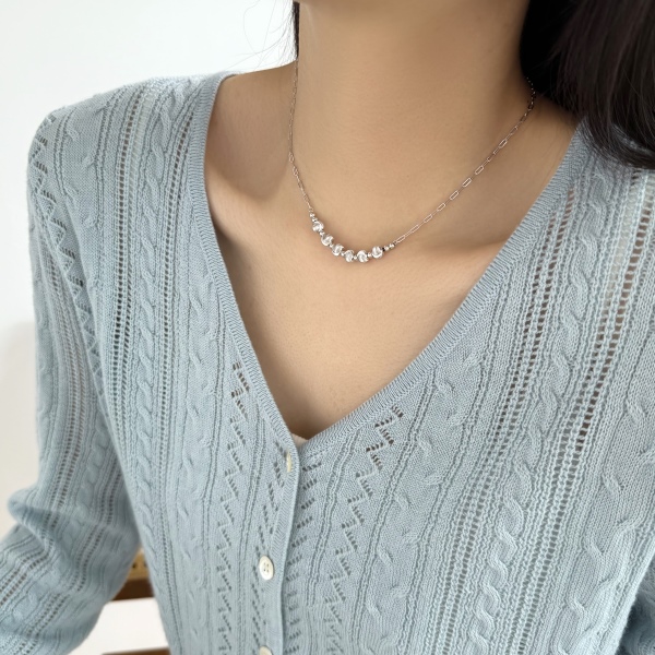 银S925光面圆珠圆形猫眼珠长方十字链简约时尚项链