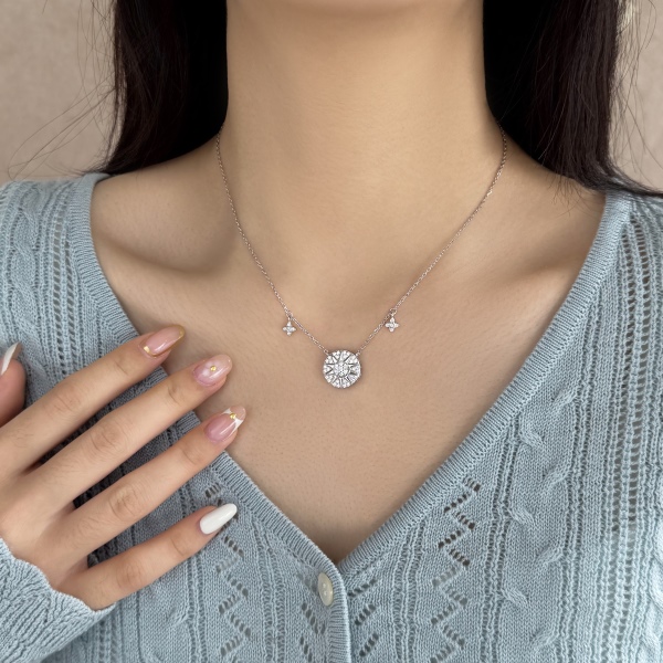 S925纯银爆闪满钻芒星罗盘轻奢项链