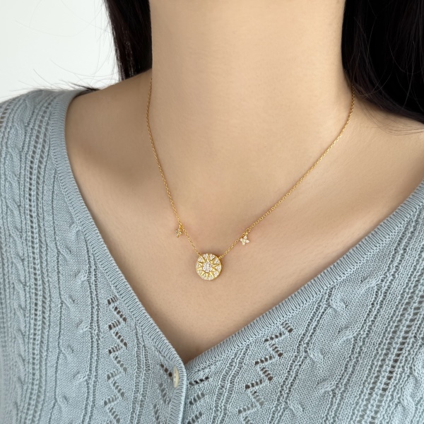 S925纯银爆闪满钻芒星罗盘轻奢项链