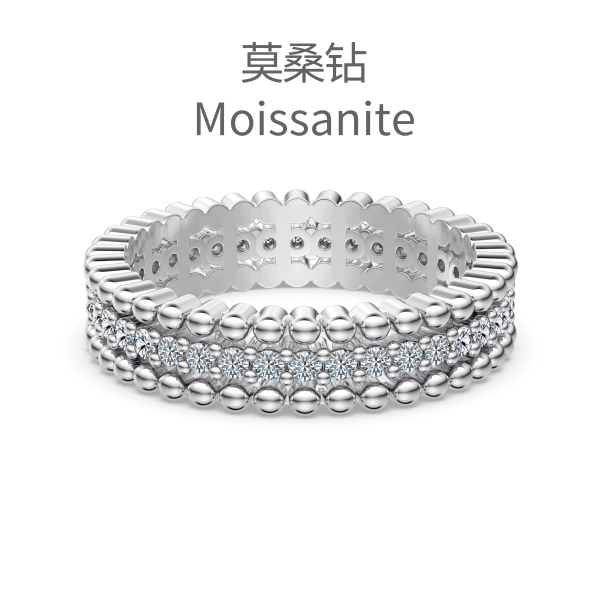 「莫桑钻 Moissanite 系列」银S925白色圆锆镶嵌满钻排钻圆珠设计时尚戒指