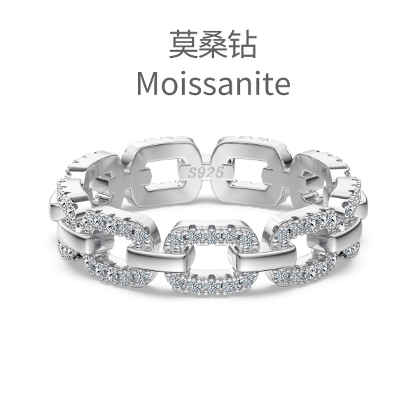「莫桑钻 Moissanite 系列」银S925白色圆锆镶嵌满钻链条设计镂空时尚戒指
