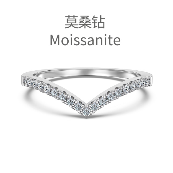 「莫桑钻 Moissanite 系列」跨境爆款S925纯银字母V白色排钻戒指时尚个性简约叠戴百搭食指细款闪耀戒指