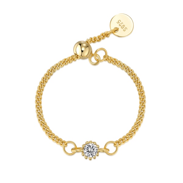 银S925白色圆锆单钻设计侧身链设计小众时尚简约链条戒指可伸缩调节