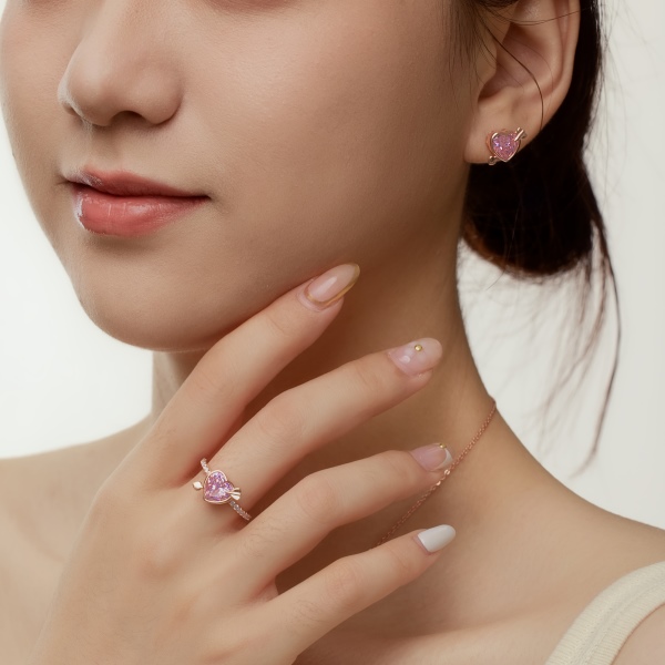 银S925粉色心形爱心箭心设计时尚精致戒指