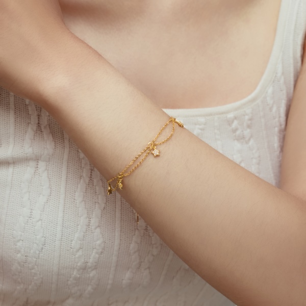 银S925五角星白色圆锆镶嵌多吊坠公主风精致时尚手链