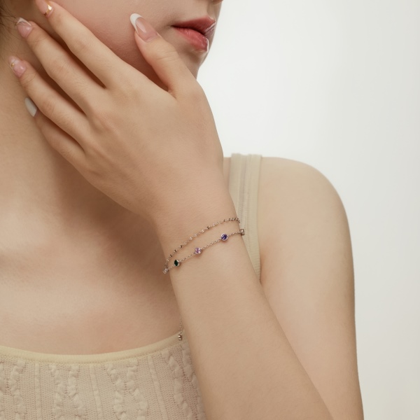 S925纯银彩色圆形锆石个性轻奢百搭双层手链