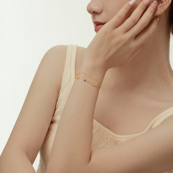 S925纯银彩色圆形锆石个性轻奢百搭双层手链