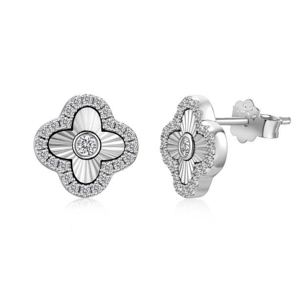 银S925白色圆锆镶嵌四叶草镭射测豪华波光粼粼设计套装耳钉