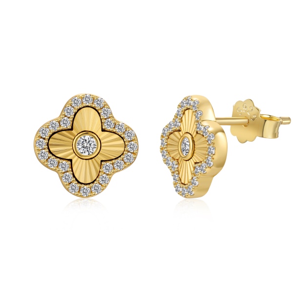 银S925白色圆锆镶嵌四叶草镭射测豪华波光粼粼设计套装耳钉