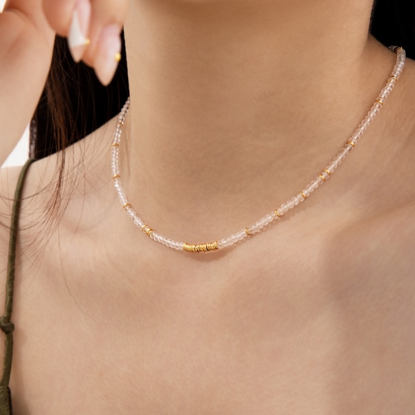 银S925天然白水晶小圆珠不规格排列搭配DIY串珠项链