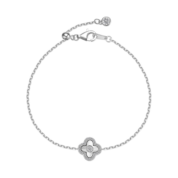 银S925白色圆锆镶嵌四叶草镭射车花波光粼粼设计手链套装