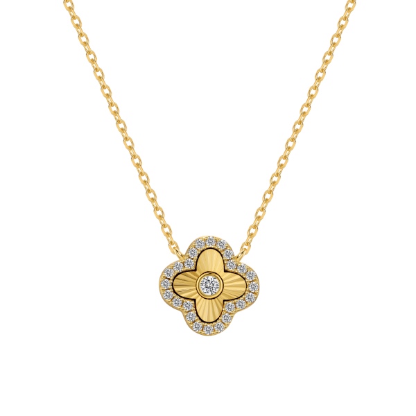 银S925白色圆锆镶嵌四叶草镭射车花波光粼粼设计项链套装