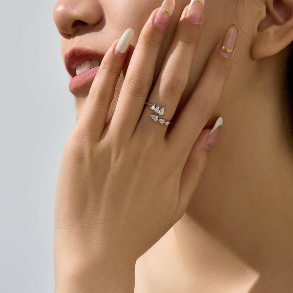 银S925水滴大小钻排列双层简约设计时尚开口戒指