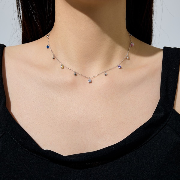 银S925圆锆彩色镶嵌光面爱心吊坠时尚多吊坠项链