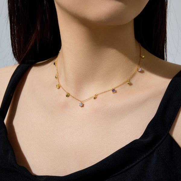 银S925圆锆彩色镶嵌光面爱心吊坠时尚多吊坠项链