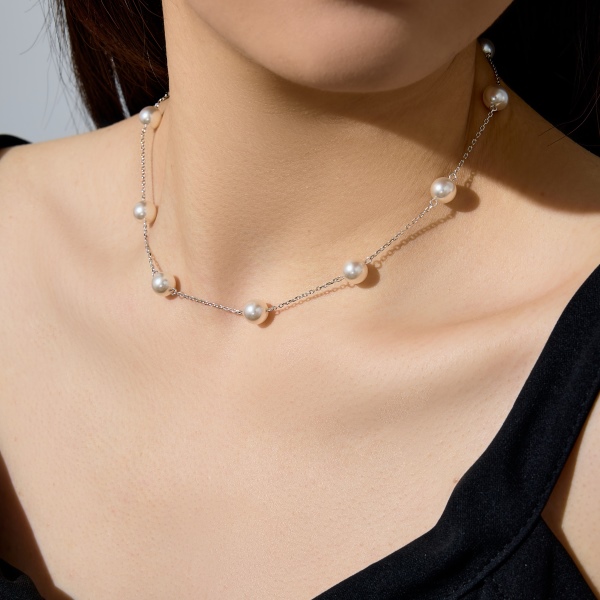 S925纯银白色珍珠合成贝珠等距排列小众时尚优雅高级感项链