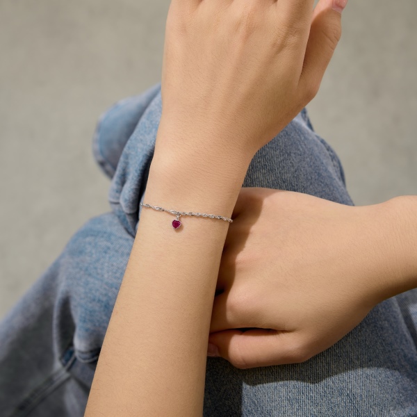 银S925玫红色心形吊坠水波链简约设计手链