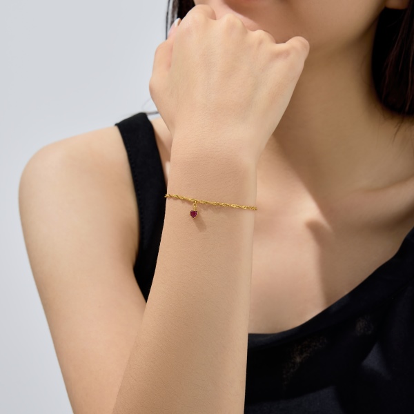 银S925玫红色心形吊坠水波链简约设计手链